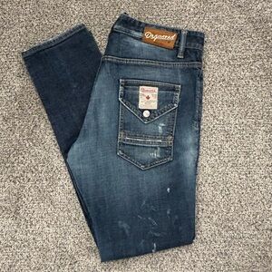Men’s DSQUARED Slim Straight Distressed Blue Denim Jeans